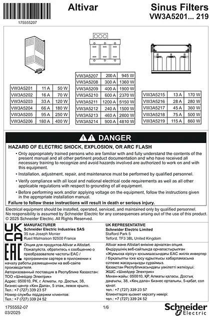 schneider施耐德Instruction sheet - Sinus filter - VW3A5201...214